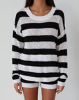 Striped crochet knit sweater. Striped crochet knit shorts. Crewneck. Long sleeves. Unlined. fall transition outfit. lounge set. cute lounge set. striped lounge set