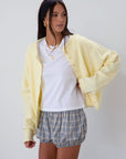 Plaid woven shorts. Elastic waist and leg openings. Unlined. bloomers. blue plaid bloomer shorts. fall transition outfit