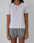 Plaid woven shorts. Elastic waist and leg openings. Unlined. bloomers. blue plaid bloomer shorts. fall transition outfit