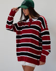 Striped knit top. Collar neckline. Front button closures. Long sleeves. Unlined. striped polo long sleeve. fall transition outfit.