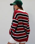 Striped knit top. Collar neckline. Front button closures. Long sleeves. Unlined. striped polo long sleeve. fall transition outfit.