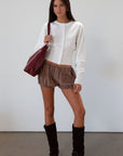 brown Plaid woven shorts. Elastic waist and leg openings. Unlined. fall transition outfit. brown plaid bloomers