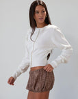 brown Plaid woven shorts. Elastic waist and leg openings. Unlined. fall transition outfit. brown plaid bloomers
