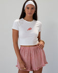 Checkered woven shorts. Elastic waist. Faux button fly. Ruffle trim hem. Unlined. red checkered shorts