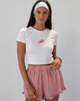 Graphic printed knit crop tee. Crewneck. Short sleeves. Unlined. lobster tee. baby lobster tee. white baby tee