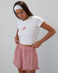 Graphic printed knit crop tee. Crewneck. Short sleeves. Unlined. lobster tee. baby lobster tee. white baby tee