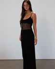 Ribbed knit maxi dress. Adjustable straps. Net mesh waist panel. Unlined. resort wear. resort dress. vacation dress. fancy dinner dress. black maxi dress