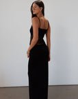 Ribbed knit maxi dress. Adjustable straps. Net mesh waist panel. Unlined. resort wear. resort dress. vacation dress. fancy dinner dress. black maxi dress
