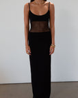 Ribbed knit maxi dress. Adjustable straps. Net mesh waist panel. Unlined. resort wear. resort dress. vacation dress. fancy dinner dress. black maxi dress
