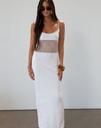Ribbed knit maxi dress. Adjustable straps. Net mesh waist panel. Unlined. resort wear. resort dress. white maxi dress. vacation dress. fancy dinner dress