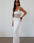 Ribbed knit maxi dress. Adjustable straps. Net mesh waist panel. Unlined. resort wear. resort dress. white maxi dress. vacation dress. fancy dinner dress