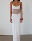 Ribbed knit maxi dress. Adjustable straps. Net mesh waist panel. Unlined. resort wear. resort dress. white maxi dress. vacation dress. fancy dinner dress