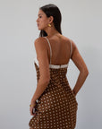 Polka dot printed satin dress. Adjustable straps. Front tie closure. Back hook and eye and zipper closures. Fully lined. brown mini dress. brown polka dot dress. fall outfit