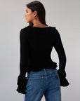 Crochet knit cropped sweater. Ruffle trim. Long sleeves. Front button down closures. Unlined. black sweater. black cardigan sweater. fall outfit