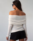 Ivory Ribbed knit sweater. Folded off the shoulder neckline. Long sleeves. Unlined. cream sweater. white sweater. fall outfit