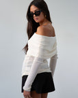 Ivory Ribbed knit sweater. Folded off the shoulder neckline. Long sleeves. Unlined. cream sweater. white sweater. fall outfit
