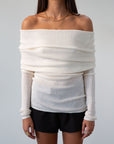 Ivory Ribbed knit sweater. Folded off the shoulder neckline. Long sleeves. Unlined. cream sweater. white sweater. fall outfit