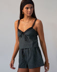 green Checkered woven shorts. Lace trim. Elastic waistband. Tie waist. Back pockets. Fully lined. fall outfit