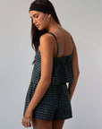green Checkered woven cropped tank. Lace trim. Adjustable straps. Front tie. Elastic back. Partially lined. fall outfit