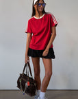 red Knit tee. Crewneck. Striped short sleeves. Unlined. red tee. red tshirt