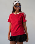 red Knit tee. Crewneck. Striped short sleeves. Unlined. red tee. red tshirt