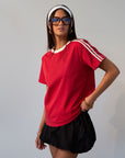 red Knit tee. Crewneck. Striped short sleeves. Unlined. red tee. red tshirt