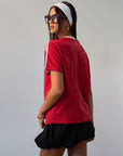 red Knit tee. Crewneck. Striped short sleeves. Unlined. red tee. red tshirt
