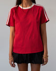 red Knit tee. Crewneck. Striped short sleeves. Unlined. red tee. red tshirt