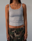 grey Ribbed knit tank top. Elastic neckline. Unlined. Basic tank top. grey tank top