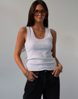 Ribbed knit racerback tank. Unlined. GREY TANK TOP. GREY BASIC TANK TOP.