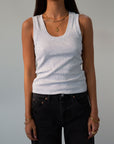Ribbed knit racerback tank. Unlined. GREY TANK TOP. GREY BASIC TANK TOP.