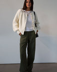 Woven utility pants. Button fly. Four pocket construction. Unlined. green pants. fall outfit.