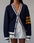 Striped crochet knit cardigan. Front button down closure. Unlined. sweater cardigan. blue cardigan. fall outfit.