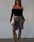 Knit top. Folded off the shoulder neckline. Long sleeves. Unlined/sheer. black off the shoulder long sleeve. fall outfit