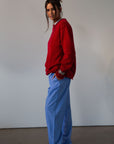 Striped woven pants. Elastic waistband with drawstring closure. Side pockets. Unlined. blue boxer pants. fall outfit. cute loungewear.