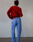 Striped woven pants. Elastic waistband with drawstring closure. Side pockets. Unlined. blue boxer pants. fall outfit. cute loungewear.
