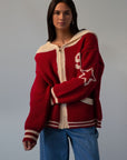 Fuzzy crochet knit sweater. Hoodie. Exposed front zipper closure. Front pockets. Unlined. red sweater. fall outfit. red zip up sweater