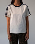 Knit tee. Crewneck. Striped short sleeves. Unlined. basic tee. white basic tee. fall outfit.