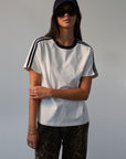 Knit tee. Crewneck. Striped short sleeves. Unlined. basic tee. white basic tee. fall outfit.