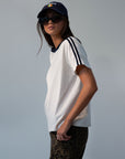 Knit tee. Crewneck. Striped short sleeves. Unlined. basic tee. white basic tee. fall outfit.