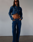 Straight leg jeans. Button and zipper fly. Five pocket construction. Unlined.
