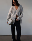 Fuzzy cable knit cardigan. Long sleeves. Front button down closures. Unlined. grey cardigan. grey sweater. fall outfit
