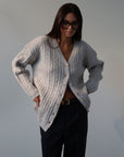 Fuzzy cable knit cardigan. Long sleeves. Front button down closures. Unlined. grey cardigan. grey sweater. fall outfit