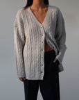 Fuzzy cable knit cardigan. Long sleeves. Front button down closures. Unlined. grey cardigan. grey sweater. fall outfit