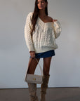 Cable knit sweater. V-neckline. Unlined/sheer. cream sweater. fall outfit.
