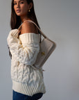Cable knit sweater. V-neckline. Unlined/sheer. cream sweater. fall outfit.