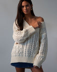 Cable knit sweater. V-neckline. Unlined/sheer. cream sweater. fall outfit.