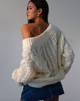 Cable knit sweater. V-neckline. Unlined/sheer. cream sweater. fall outfit.