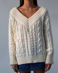 Cable knit sweater. V-neckline. Unlined/sheer. cream sweater. fall outfit.