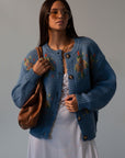 Crochet knit cardigan. Front button down closure. blue sweater cardigan. fall outfit. blue cardigan. blue sweater cardigan. grandma looking sweater